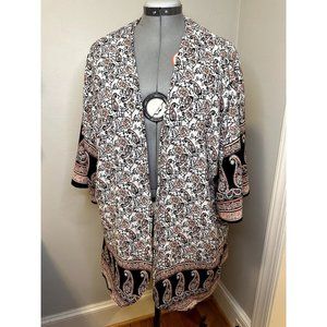 BNLK Made in USA Kimono Wrap, Beige/Rose Floral Print,  Plus Size 1x, EUC!
